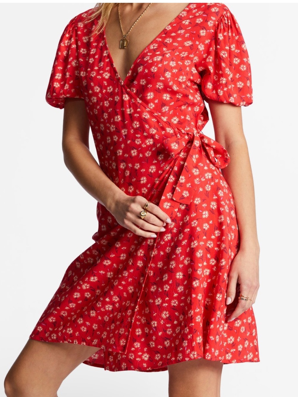 NEW Billabong Hot Tropics Red Floral Wrap Mini Dress size M
